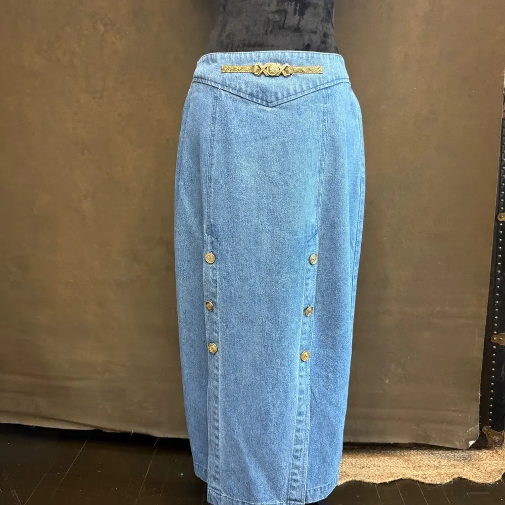 Vintage 80s 90s City Girl Sport Denim Skirt Women’s 14 High Waist Midi Blue Gold